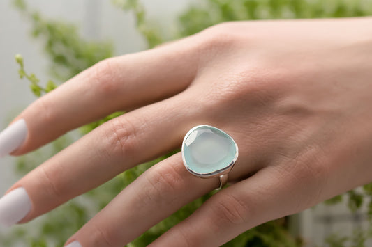 Large Sterling silver Freeform Chalcedony cabochon ring.