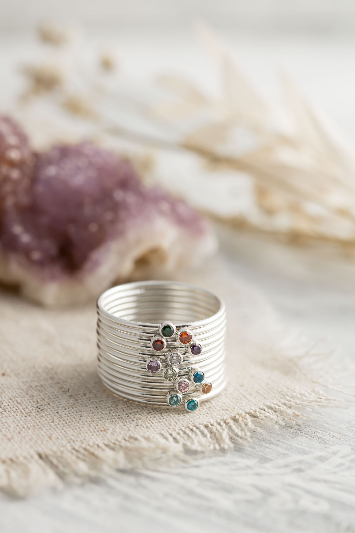Birthstone Stacking Rings, Sterling Silver Ring, Cubic Zirconia Women's Jewelry