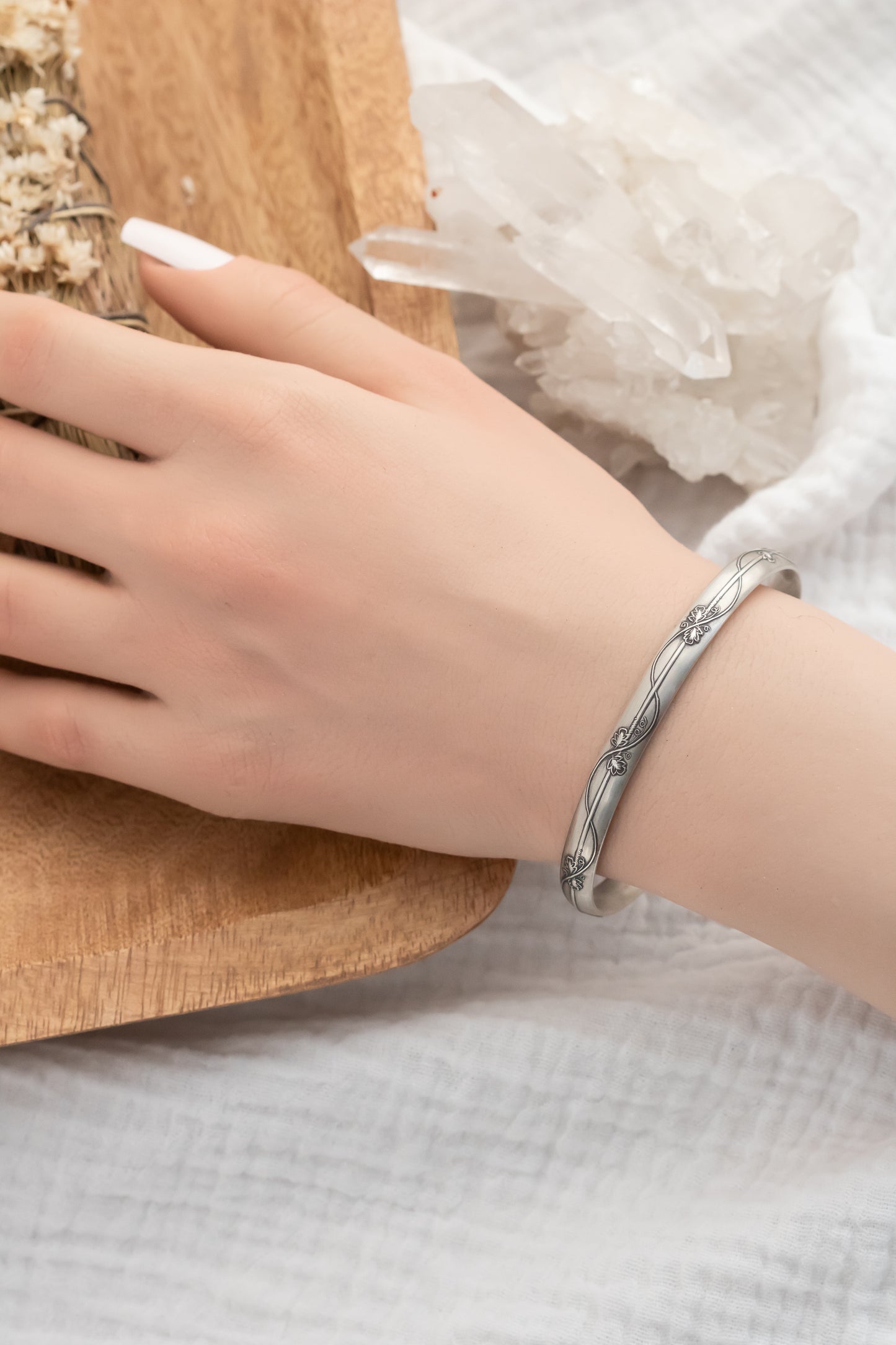 Whimsical Sterling Silver Floral Vine Cuff Bracelet - Boho Engraved Bangle, Adjustable 6"