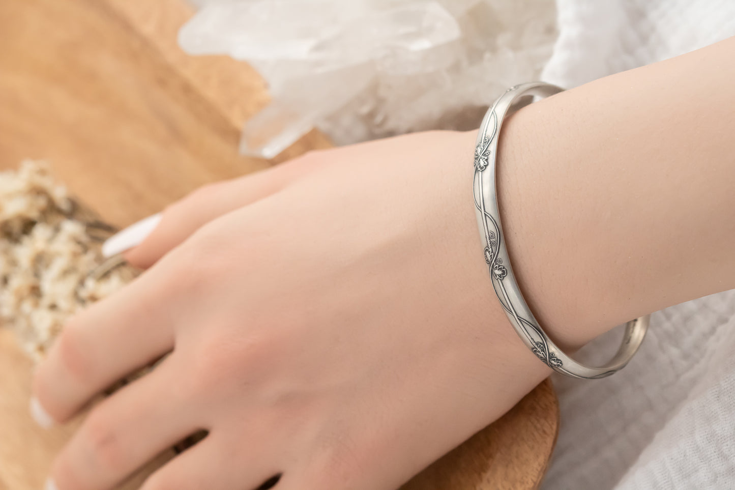 Whimsical Sterling Silver Floral Vine Cuff Bracelet - Boho Engraved Bangle, Adjustable 6"