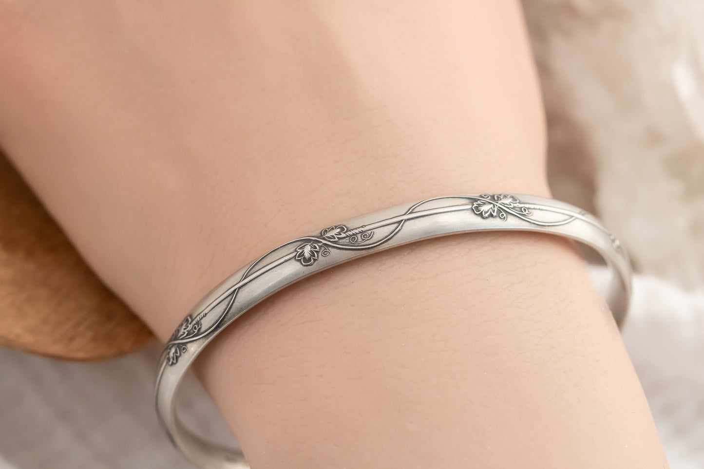 Whimsical Sterling Silver Floral Vine Cuff Bracelet - Boho Engraved Bangle, Adjustable 6"