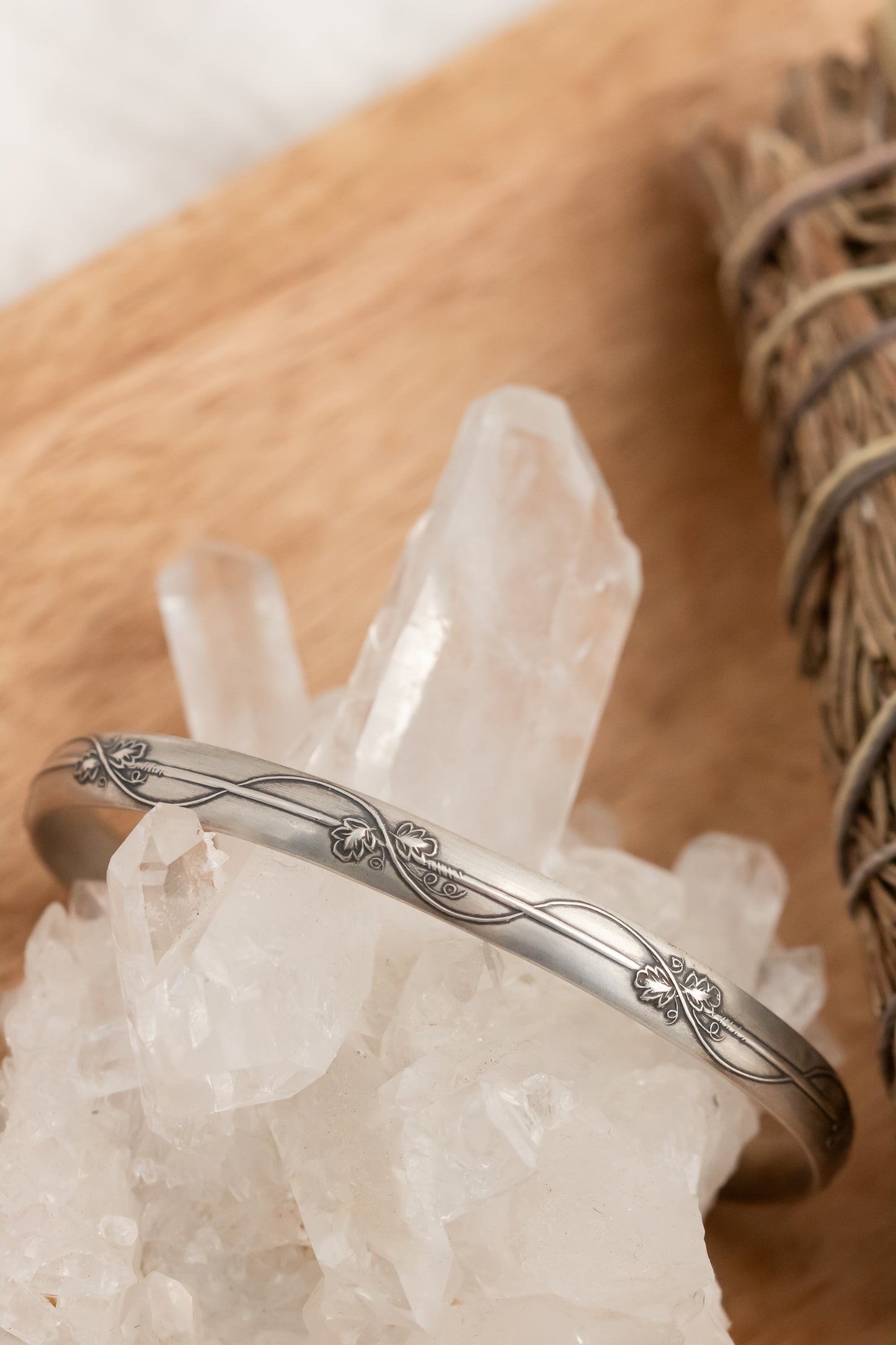 Whimsical Sterling Silver Floral Vine Cuff Bracelet - Boho Engraved Bangle, Adjustable 6"