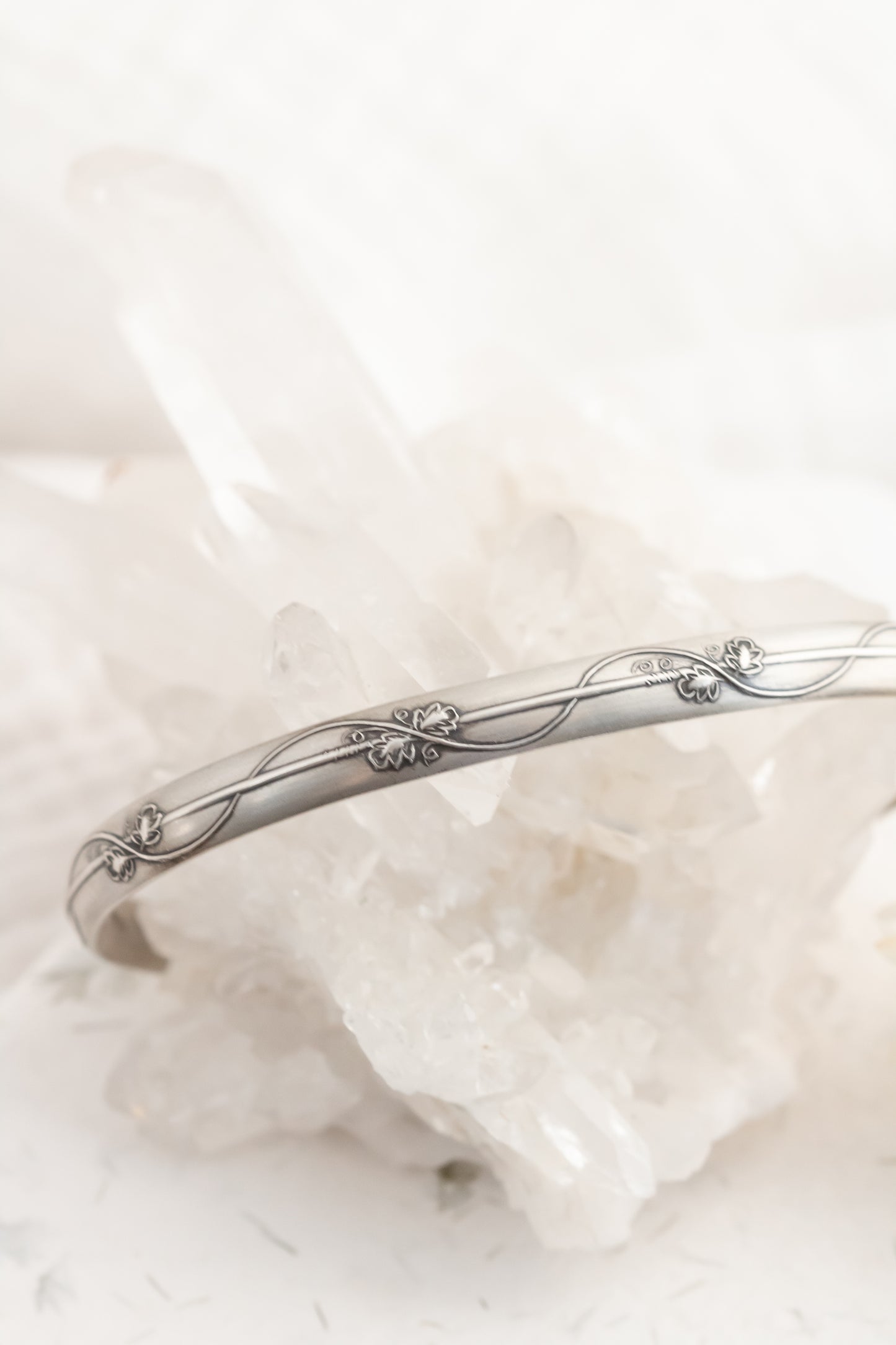 Whimsical Sterling Silver Floral Vine Cuff Bracelet - Boho Engraved Bangle, Adjustable 6"