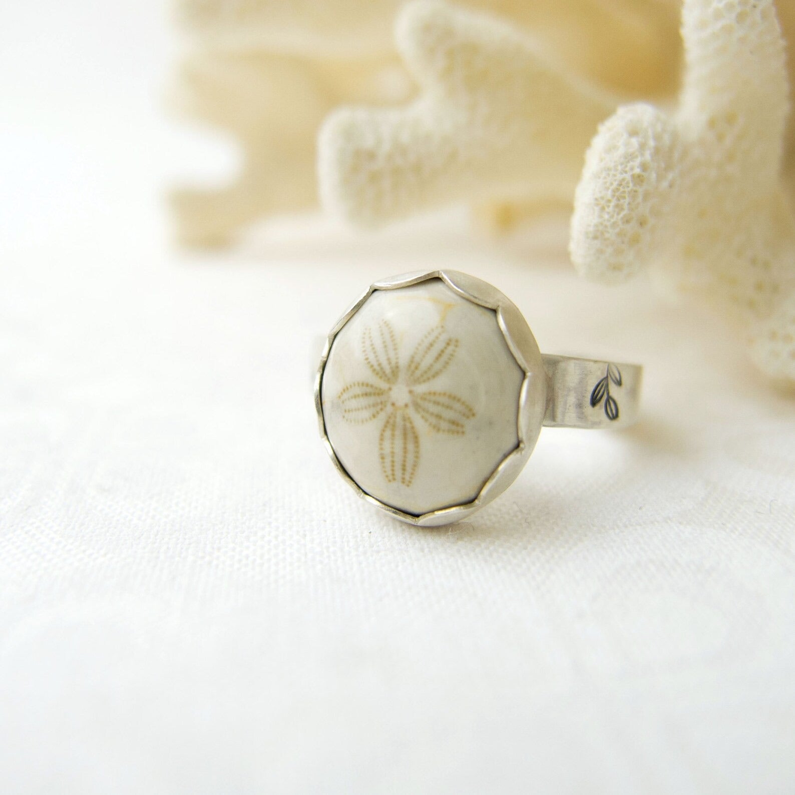 Sterling silver fossilized sand dollar ring. 