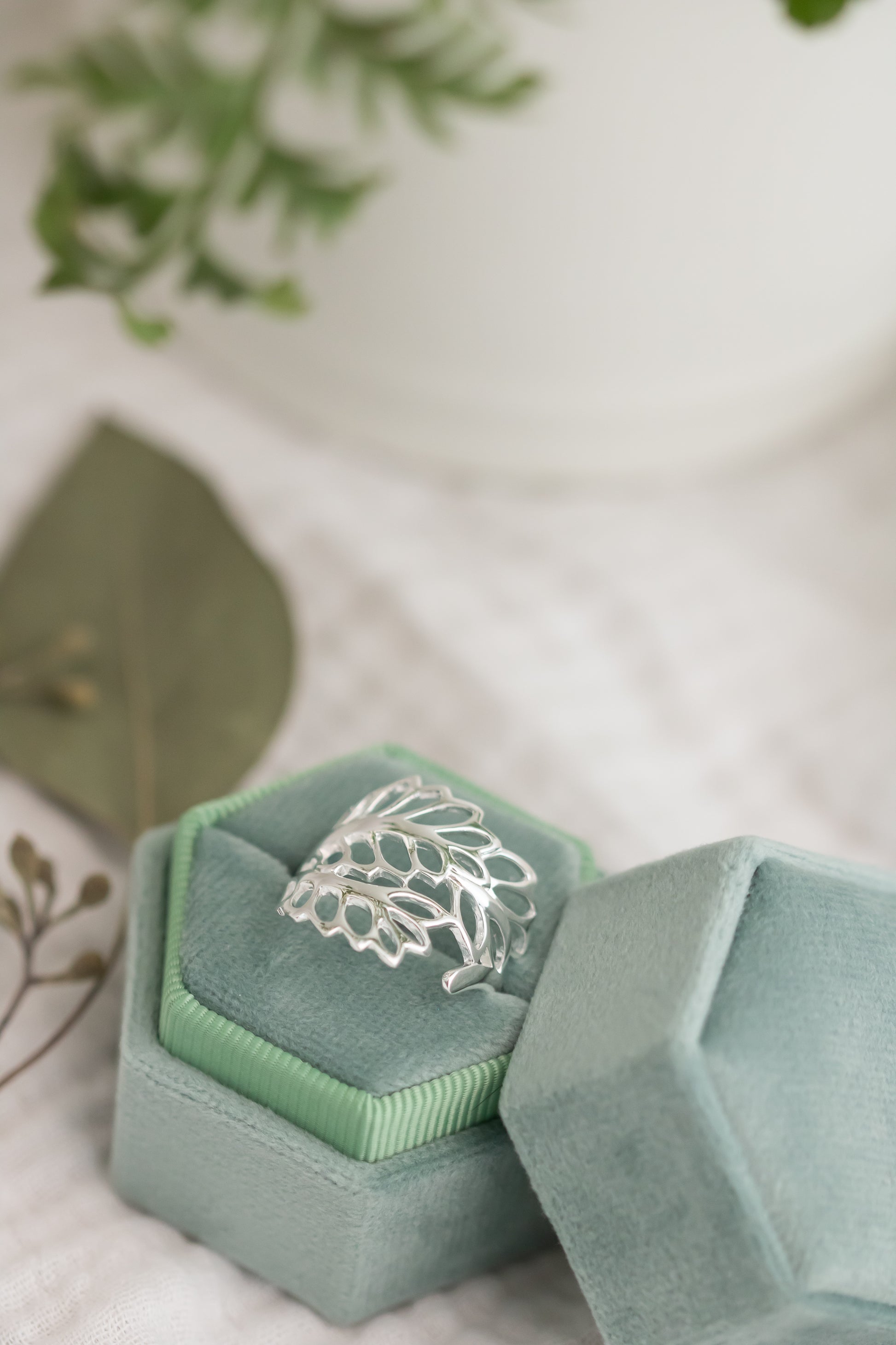 Silver ring in a green jewelry box with leaves in the background
