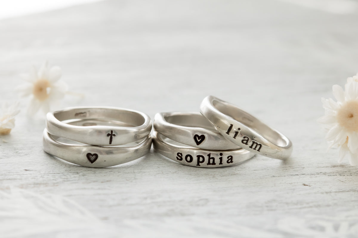 Personalized Sterling Silver Name Ring with Birthstone - Hand Stamped Stackable Jewelry