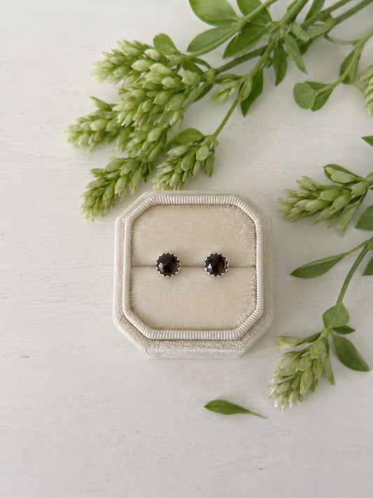 Smokey Quartz and sterling silver earrings in cream velvet jewelry box.
