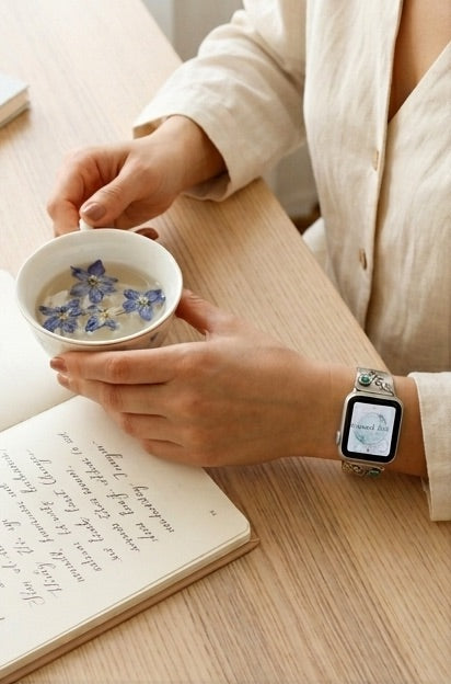 Person holding a cup with flowers and wearing a custom sterling silver and turquoise and ferns design smart watch band with a blurred background reading a book on a wooden table.design 
