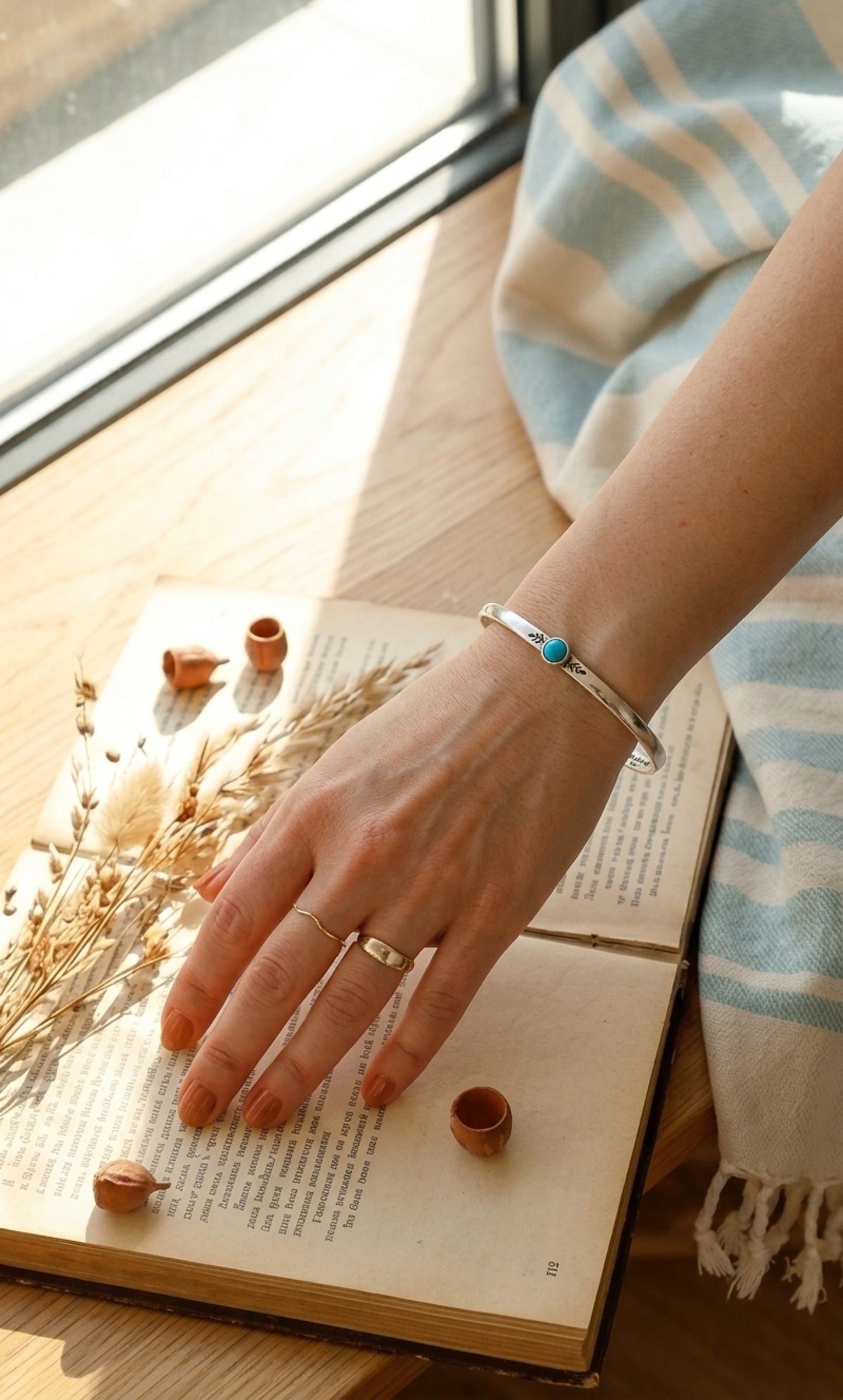 Sterling silver cuff bracelet with turquoise stone, open back stackable bracelet for her, bohemian style silver jewelry with leaf design, minimal bracelet for daily wear.