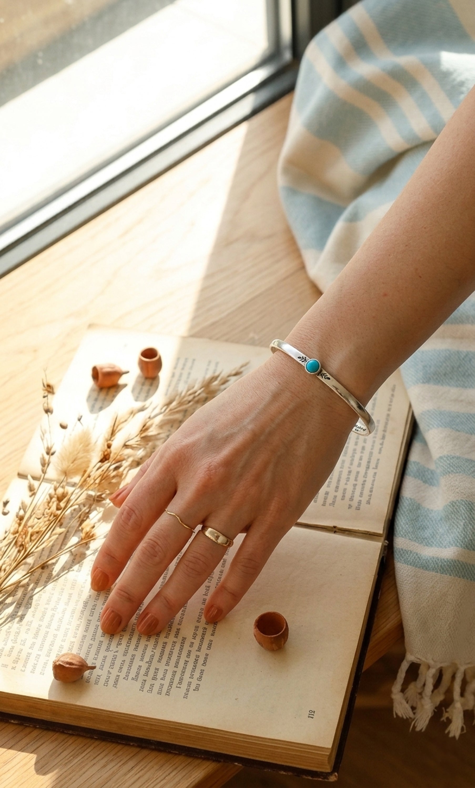 Sterling silver cuff bracelet with turquoise stone, open back stackable bracelet for her, bohemian style silver jewelry with leaf design, minimal bracelet for daily wear.