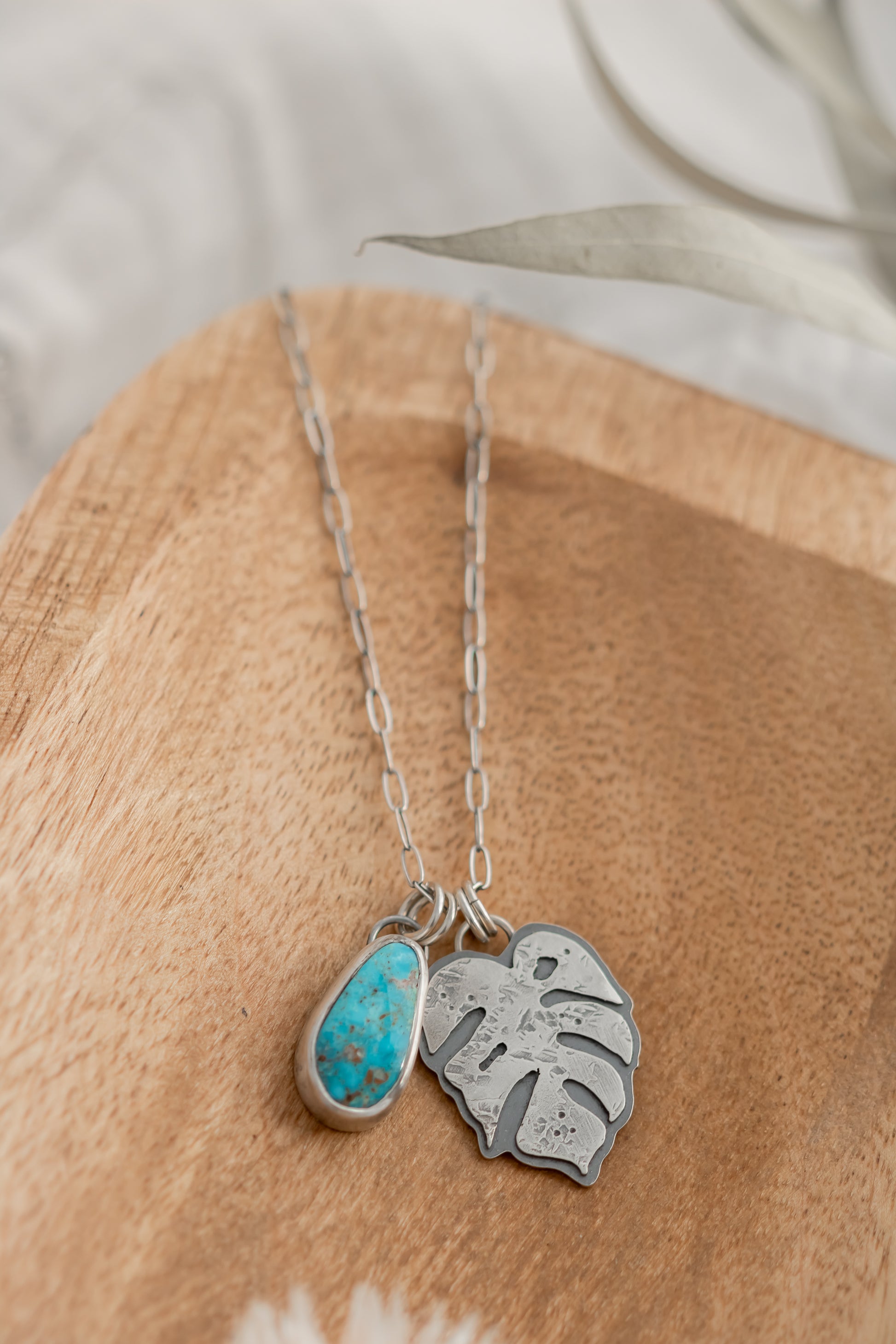 monstera jewelry Turquoise & Sterling Silver Monstera Leaf Charm Necklace - Oxidized Chain