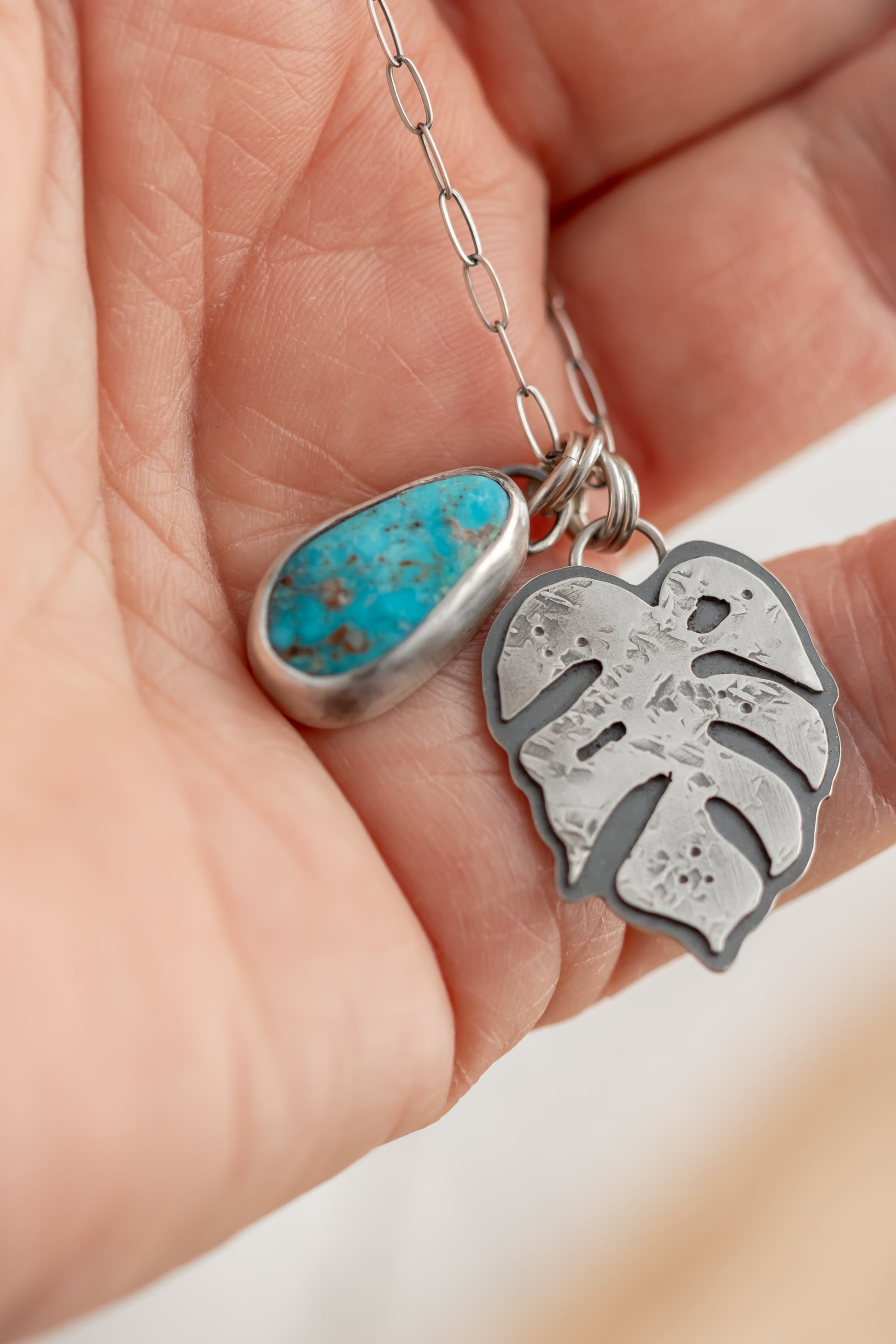 monstera necklace Turquoise & Sterling Silver Monstera Leaf Charm Necklace - Oxidized Chain