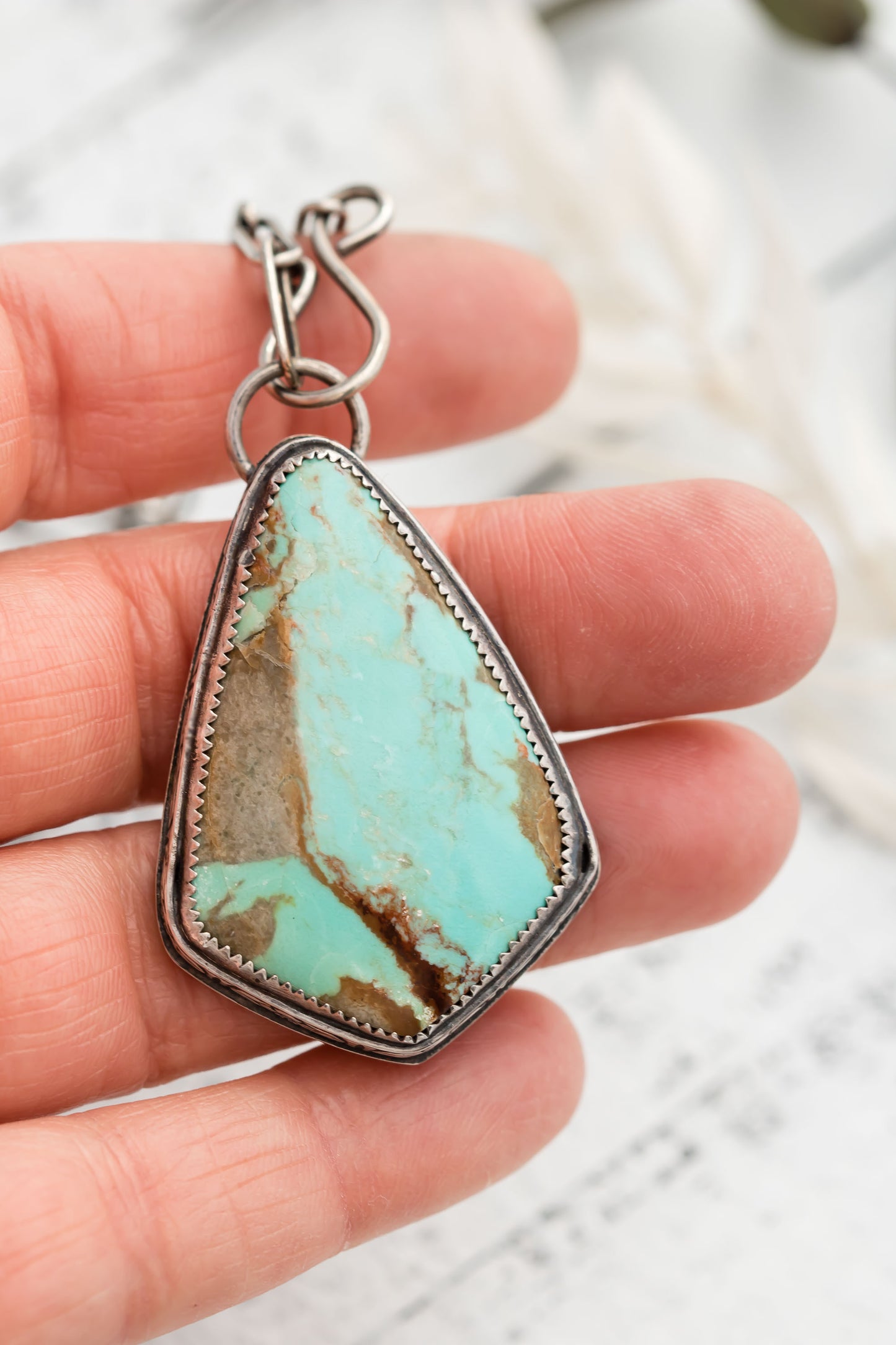 Large Sterling Silver and Number 8 Turquoise Necklace | Genuine Turquoise Necklace