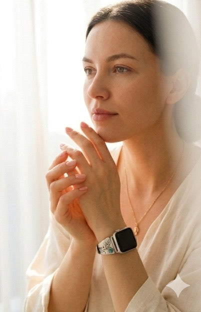 Person wearing a custom sterling silver and turquoise with fern design smartwatch band with a blurred background