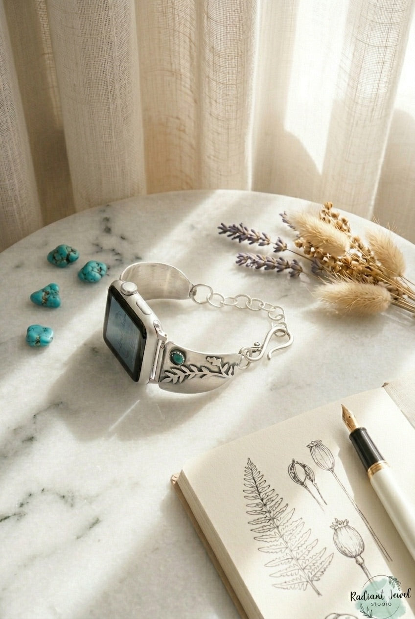 Sterling Silver smartwatch with decorative fern design and turquoise stone on a marble surface with flowers and turquoise stones