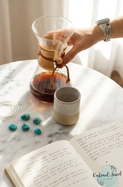 Hand holding a glass coffee maker wearing a custom sterling silver and turquoise smartwatch band with a fern design and a cup on a marble surface next to an open book and turquoise stones.