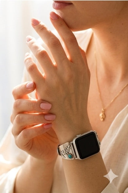Person wearing a custom sterling silver and turquoise smartwatch band with a blurred background
