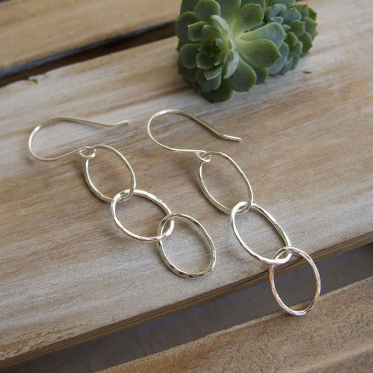 Silver Hoop Earrings, Handcrafted Women's Jewelry, Hammered Finish Dangle Earrings