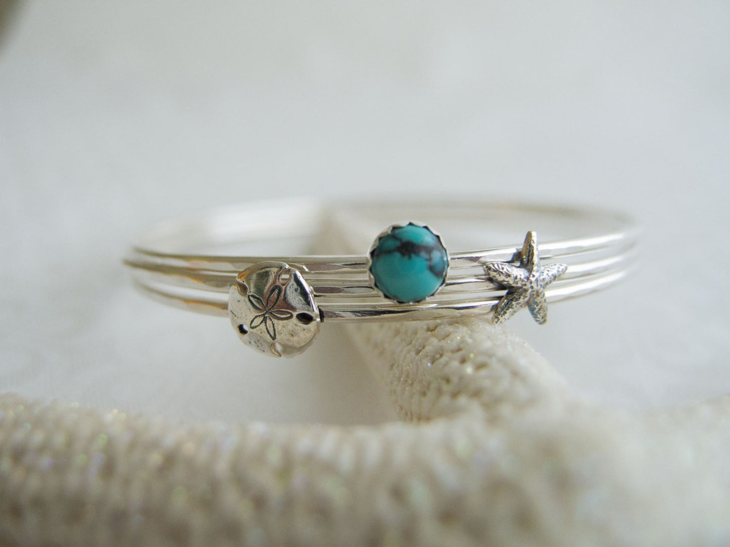 Sterling Silver Starfish, Sand Dollar Bangle, Beach Theme Wedding Jewelry, Gift For Her