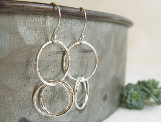 Sterling Silver Hoop Earrings • Everyday Jewelry • Hammered Silver Hoops • Triple Hoops • Boho Jewelry • Silver Hoops