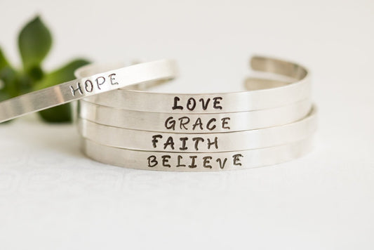 Sterling Silver Personalized Bracelet, Faith Hope Love Cuff,  Be Still, Christian Verse Jewelry, Saved by Grace, Blessed, You are Loved