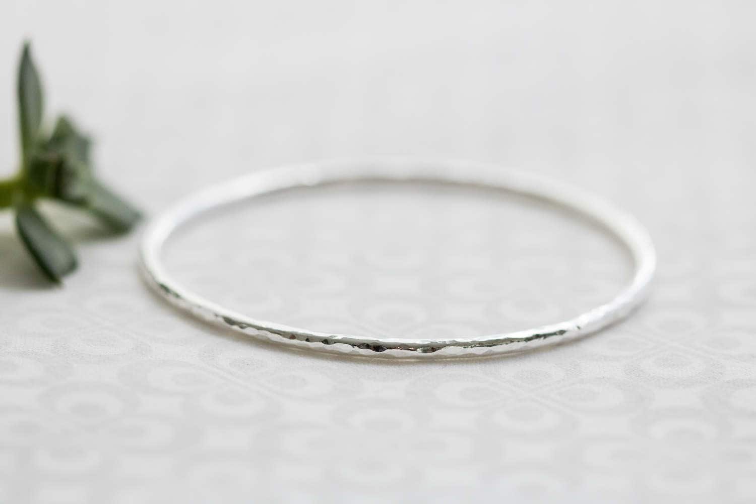 14 Gauge fine silver hammered texture bangle stacking bracelet.