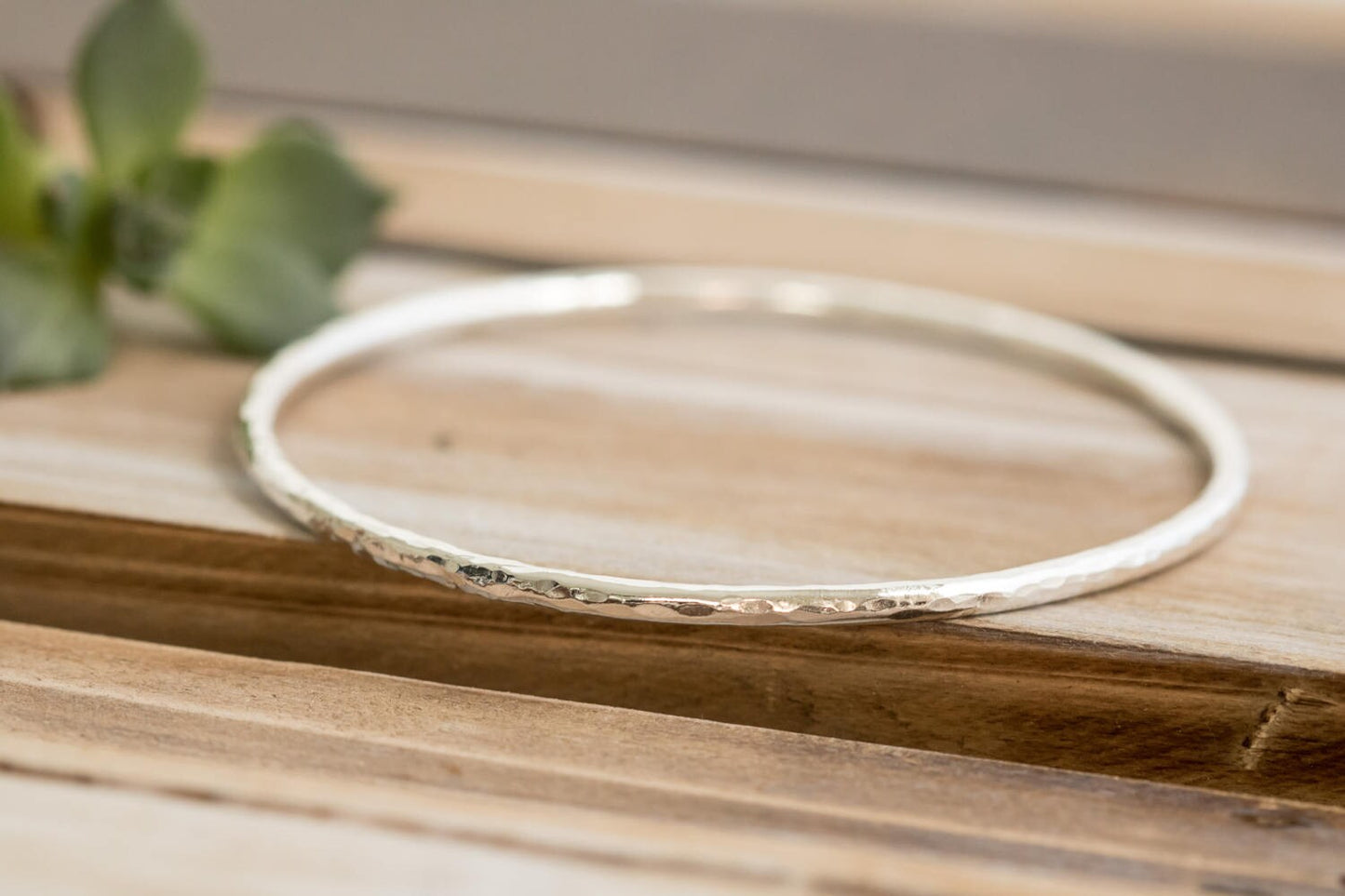 14 Gauge fine silver hammered texture bangle stacking bracelet.