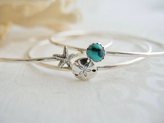 Sterling Silver Starfish, Sand Dollar Bangle, Beach Theme Wedding Jewelry, Gift For Her