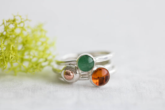 Sterling Silver Stacking Ring Set, Amber Ring, Aventurine Stacking Ring Set, Green Gemstone Ring, Amber Jewelry,  Style Jewelry