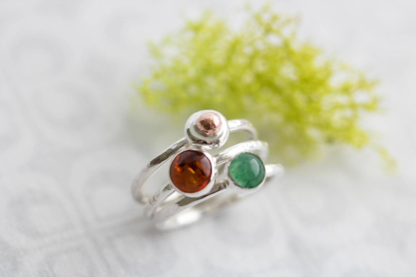 Sterling Silver Stacking Ring Set, Amber Ring, Aventurine Stacking Ring Set, Green Gemstone Ring, Amber Jewelry,  Style Jewelry