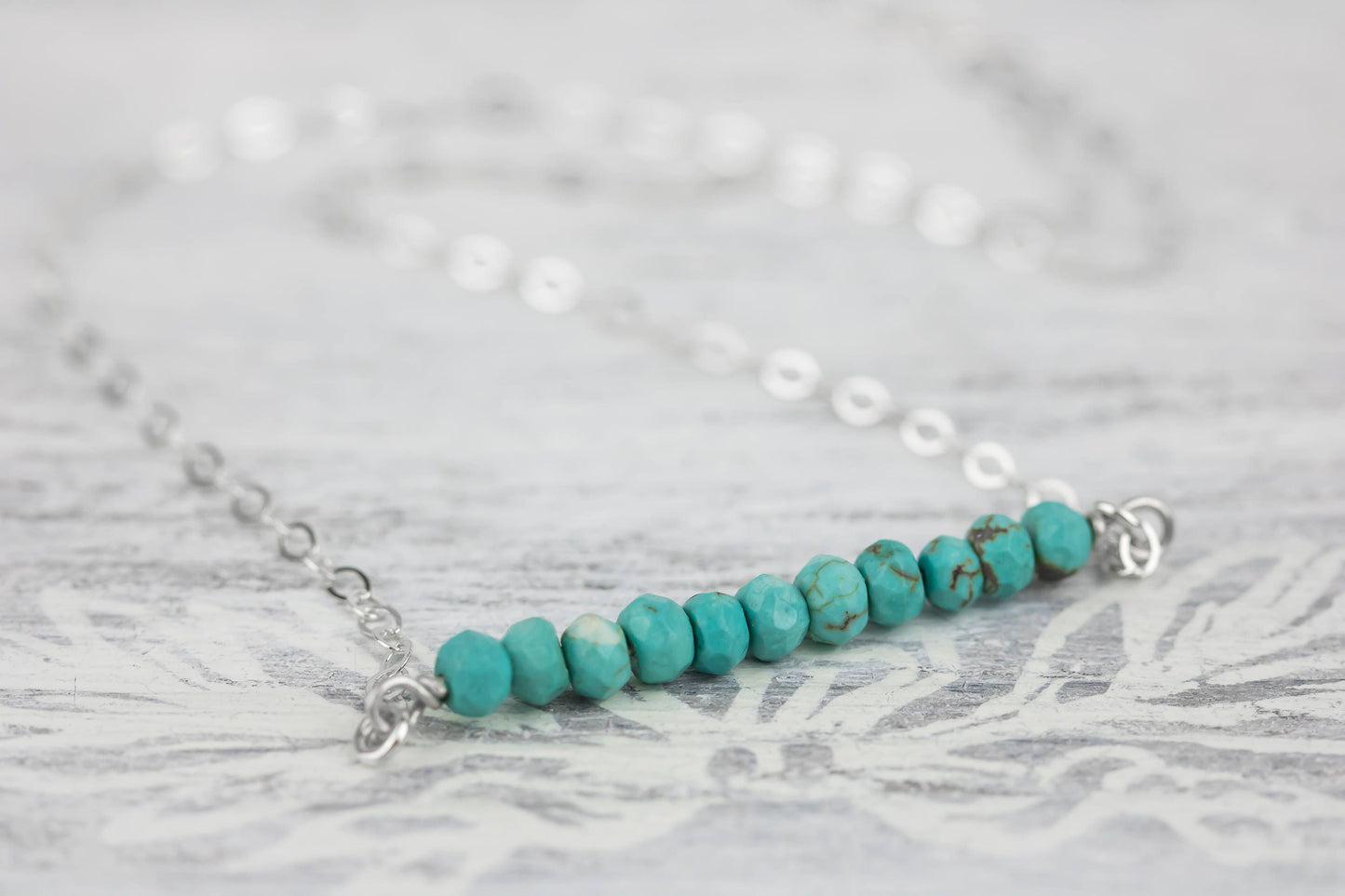 Turquoise Bar Necklace, Sterling Silver Cross Bar Necklace, Genuine Turquoise Bead Necklace, Bohemian Jewelry, Layering, December Birthstone