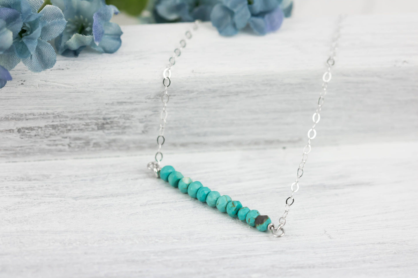 Turquoise Bar Necklace, Sterling Silver Cross Bar Necklace, Genuine Turquoise Bead Necklace, Bohemian Jewelry, Layering, December Birthstone