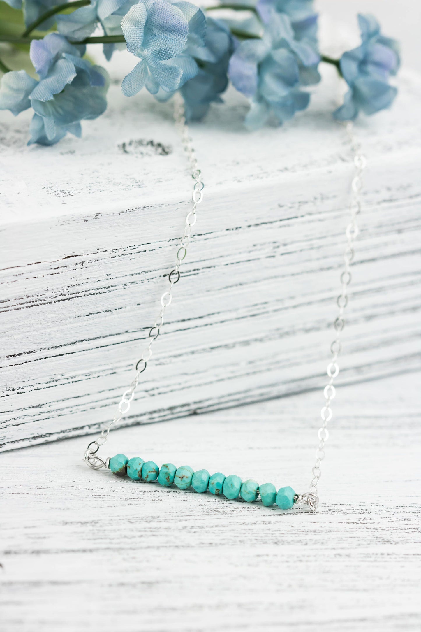 Turquoise Bar Necklace, Sterling Silver Cross Bar Necklace, Genuine Turquoise Bead Necklace, Bohemian Jewelry, Layering, December Birthstone