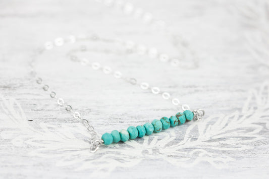 Turquoise Bar Necklace, Sterling Silver Cross Bar Necklace, Genuine Turquoise Bead Necklace, Bohemian Jewelry, Layering, December Birthstone