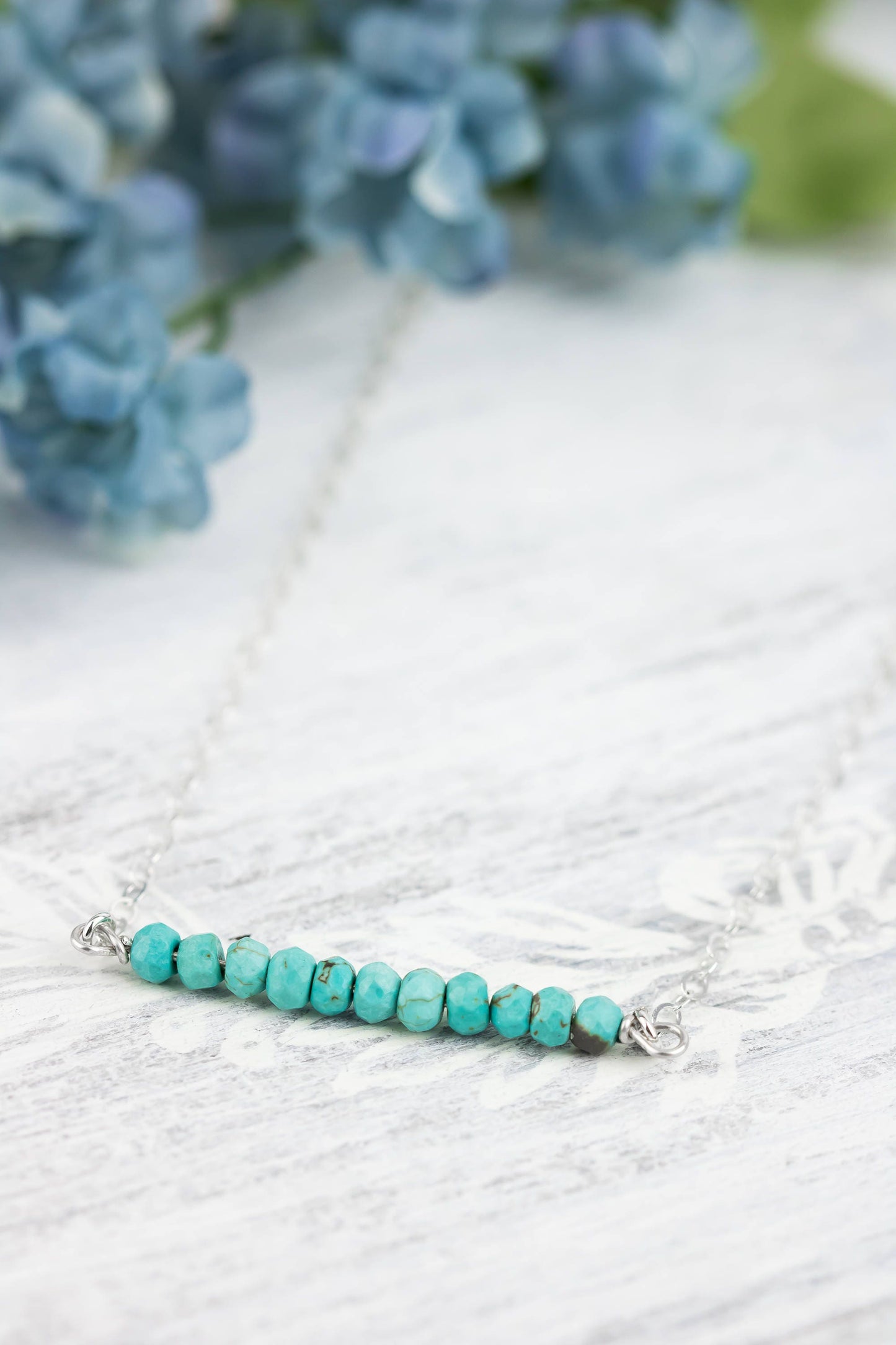 Turquoise Bar Necklace, Sterling Silver Cross Bar Necklace, Genuine Turquoise Bead Necklace, Bohemian Jewelry, Layering, December Birthstone