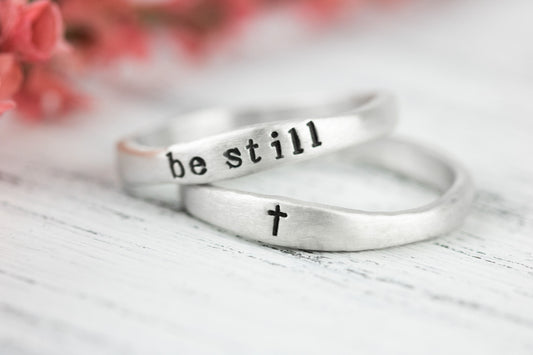 Sterling Silver Cross Ring For Women, Sterling Silver Stackable Christian Be Still Ring