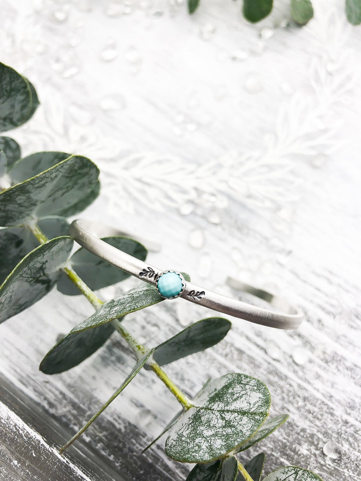 Thin Sterling Silver Turquoise Cuff Bracelet, Silver Turquoise Bangle, Botanical Jewelry, Fern Jewelry, Floral Cuff Bracelet, Style