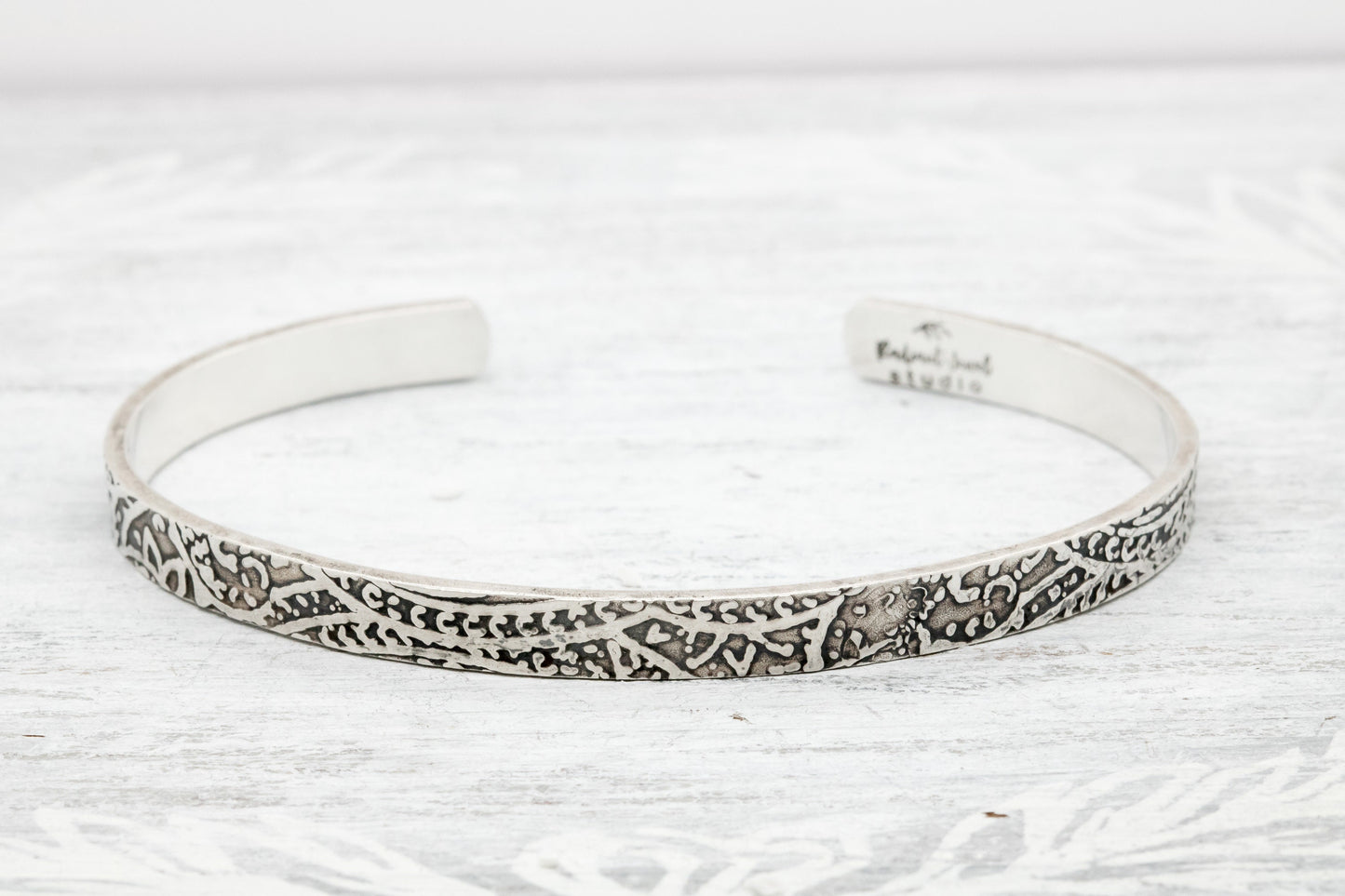 Sterling Silver Floral Textured Cuff Bracelet - Embossed Cuff - 925 Sterling Silver Bracelet - Thin Cuff - Patterned Bracelet