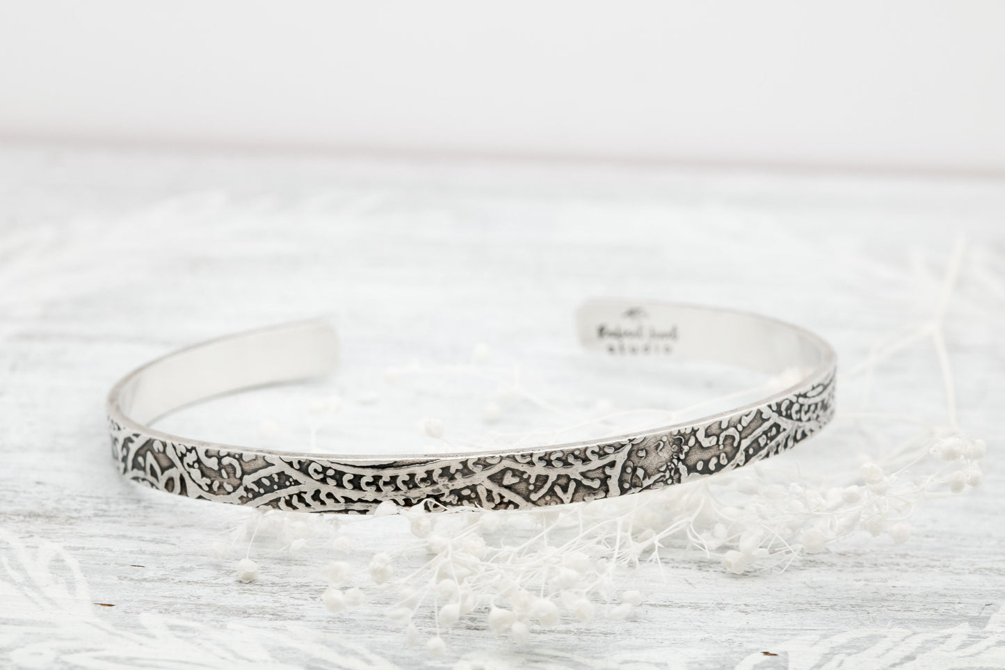 Sterling Silver Floral Textured Cuff Bracelet - Embossed Cuff - 925 Sterling Silver Bracelet - Thin Cuff - Patterned Bracelet