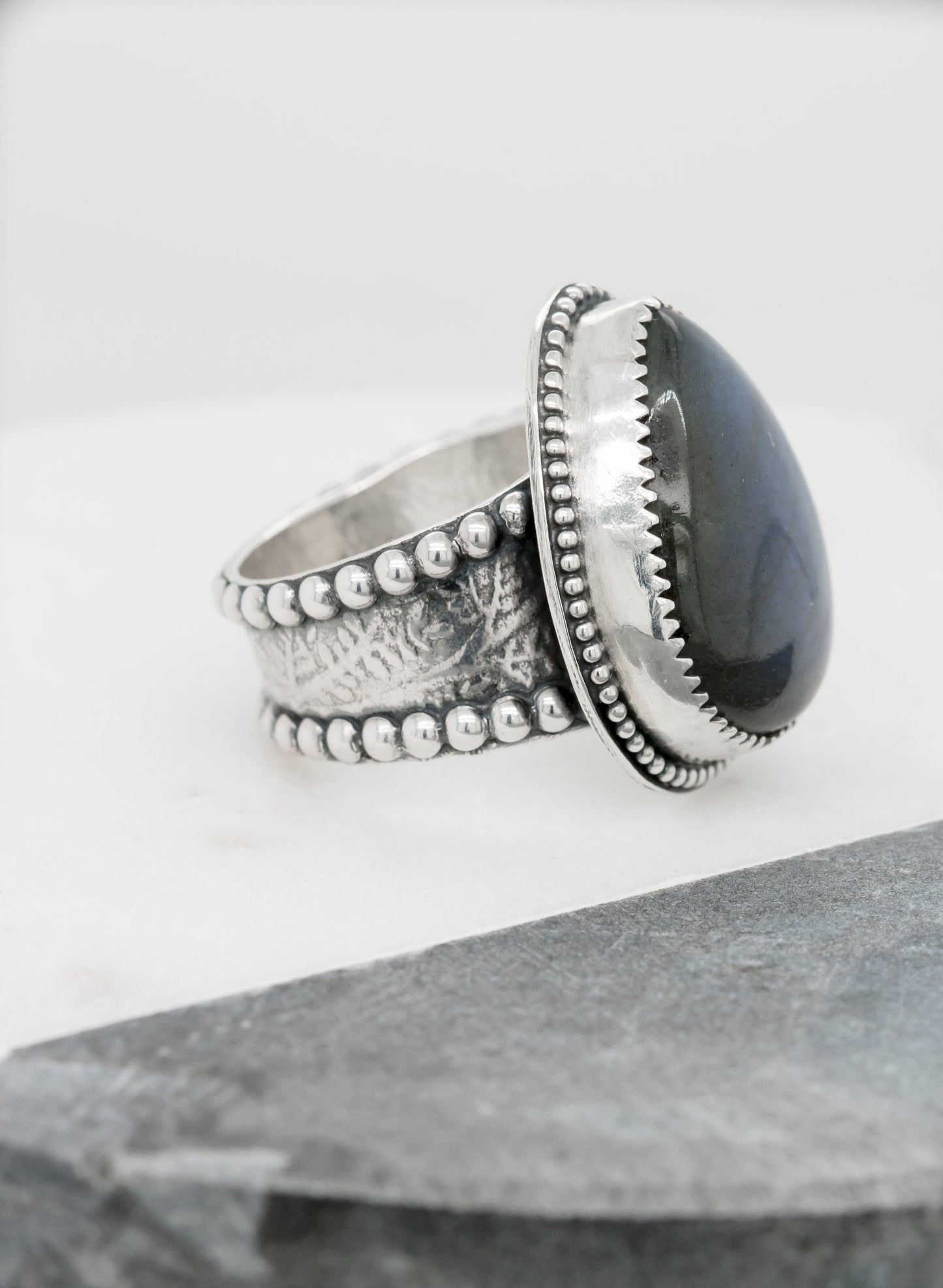 Sterling Silver and Labradorite Statement Ring • One of a Kind Labradorite • Handmade Sterling Flower Band • Blue Flash Ring • Original