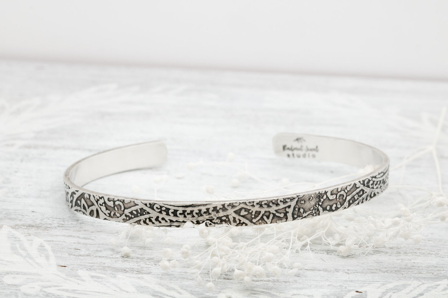 Sterling Silver Floral Textured Cuff Bracelet - Embossed Cuff - 925 Sterling Silver Bracelet - Thin Cuff - Patterned Bracelet