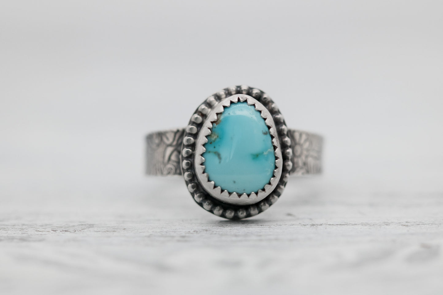 Sterling Silver and Turquoise Rings ∙ Carico Lake Turquoise ∙ Floral Band Ring ∙  Botanical Jewelry ∙ Turquoise Ring For Women