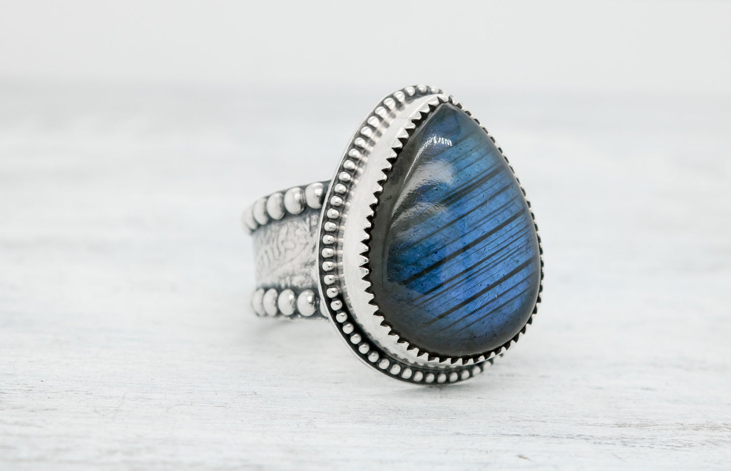 Sterling Silver and Labradorite Statement Ring • One of a Kind Labradorite • Handmade Sterling Flower Band • Blue Flash Ring • Original