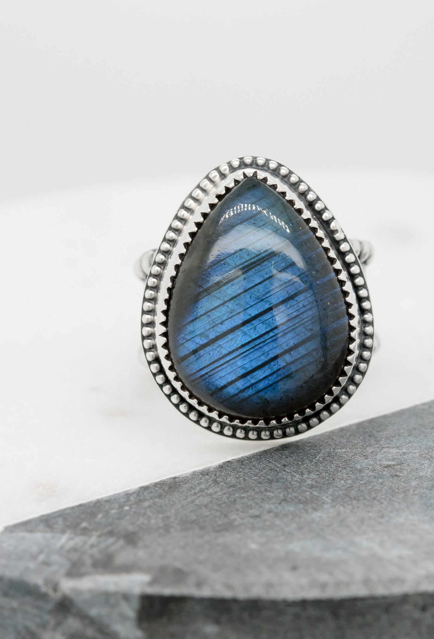 Sterling Silver and Labradorite Statement Ring • One of a Kind Labradorite • Handmade Sterling Flower Band • Blue Flash Ring • Original