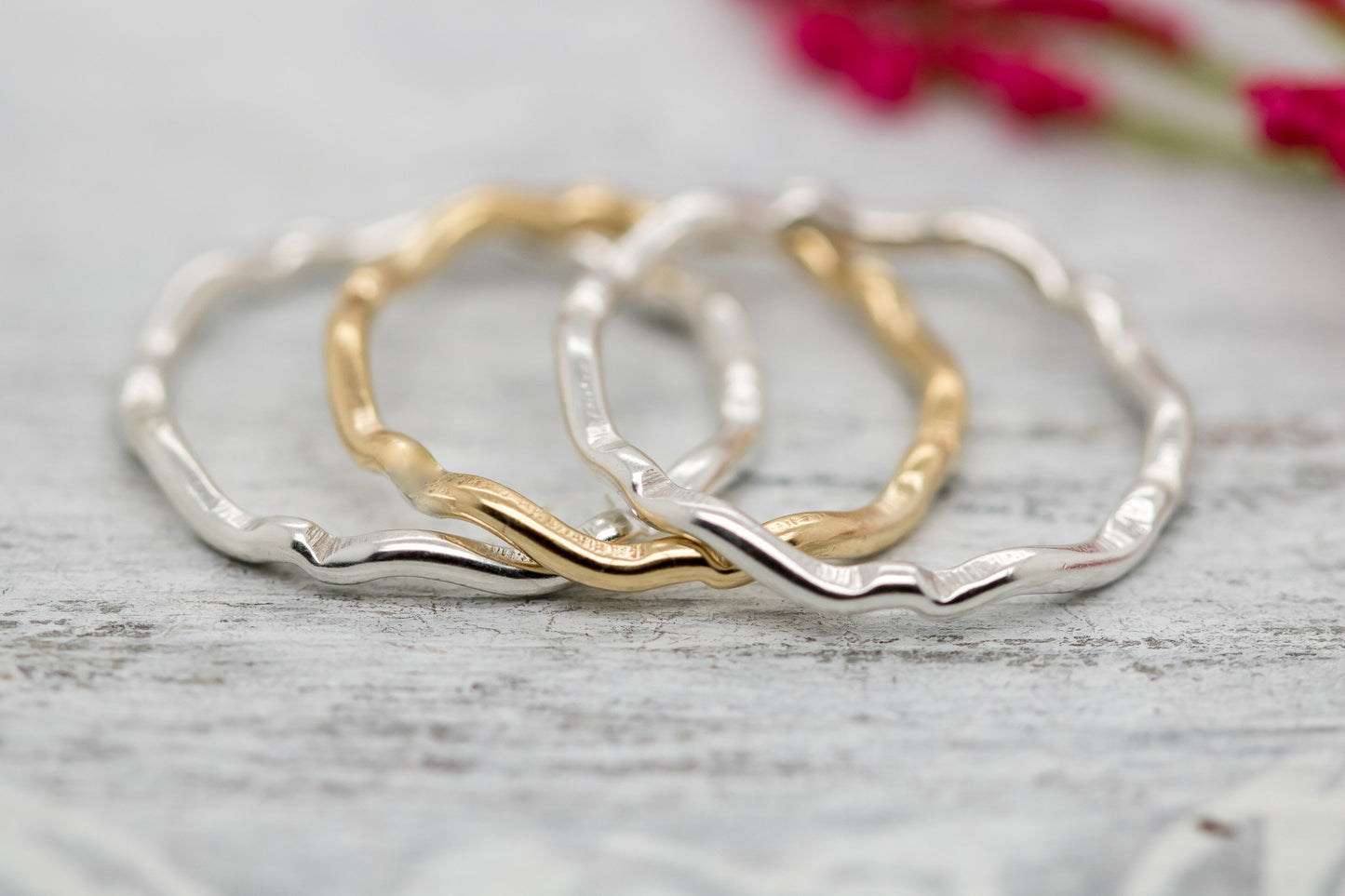 Sterling Silver and Solid 14K Gold Stacking Rings ∙ Wavy Stacker Rings ∙ Scalloped Ring ∙ Wave Ring Set