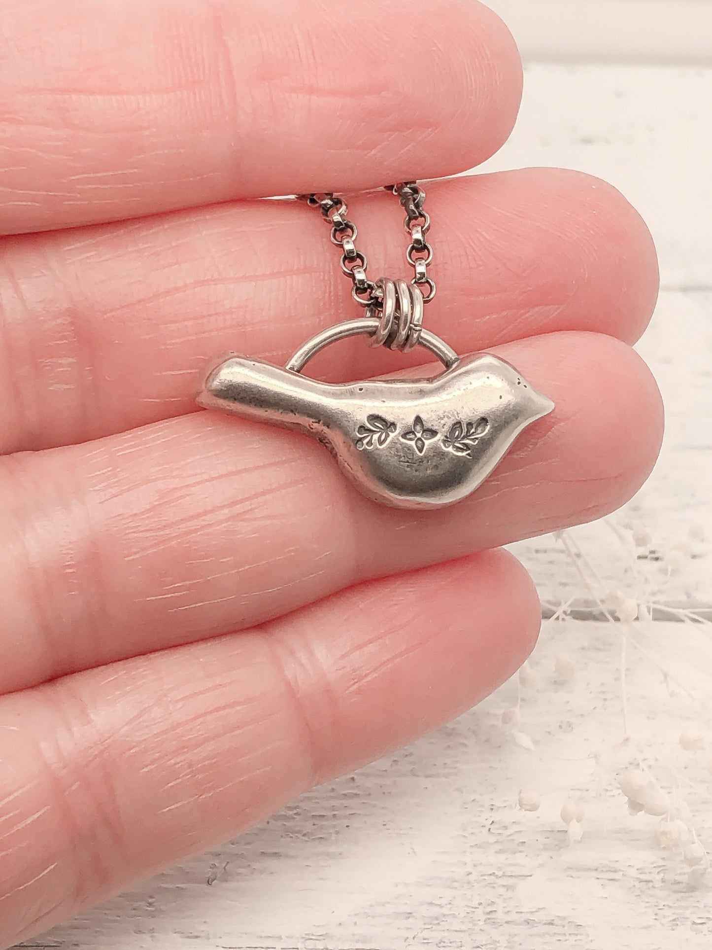 Sterling Silver Floral Bird Necklace • Bird Lover Gift • Nature Jewelry Woman • Small Bird Necklace • Bird Watching Gift • Botanical Jewelry