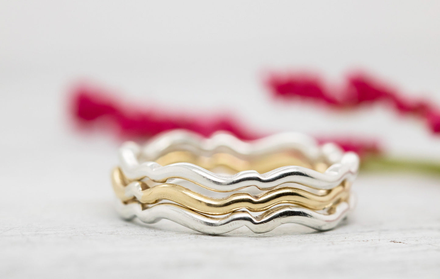 Sterling Silver and Solid 14K Gold Stacking Rings ∙ Wavy Stacker Rings ∙ Scalloped Ring ∙ Wave Ring Set