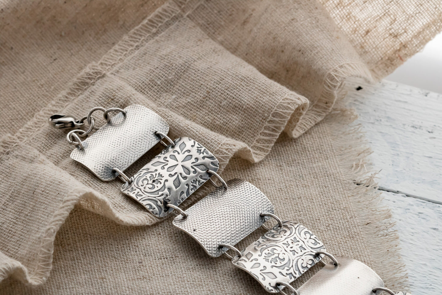 Sterling Silver Wide Link Statement Bracelet • Rectangle Link Bracelet • Modern Rustic Statement Cuff • Chunky Artisan Bracelet