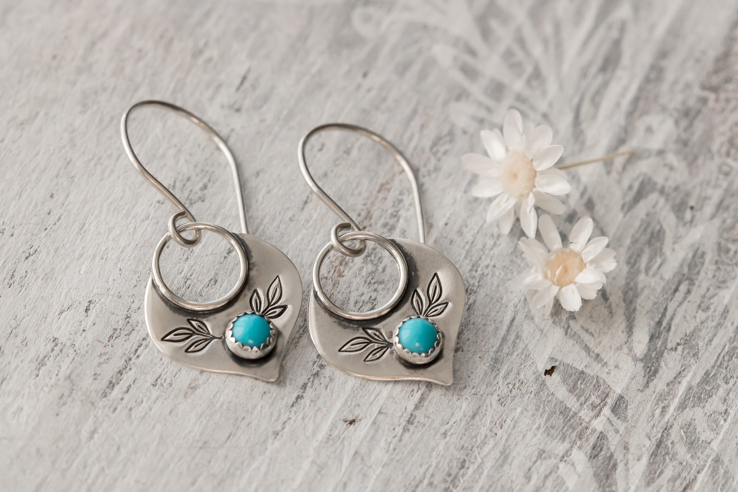 Sterling Silver & Turquoise Lotus Petal Earrings • Floral Earrings • Quatrefoil Earrings • Marrakesh Drop Dangle Earring • Artisan Jewelry