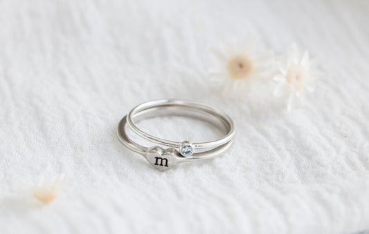 Sterling Silver Initial Ring For Women • Personalized Birthstone Ring Set • Gift For Mom • Ring For Girlfriend • Minimalist Custom Ring